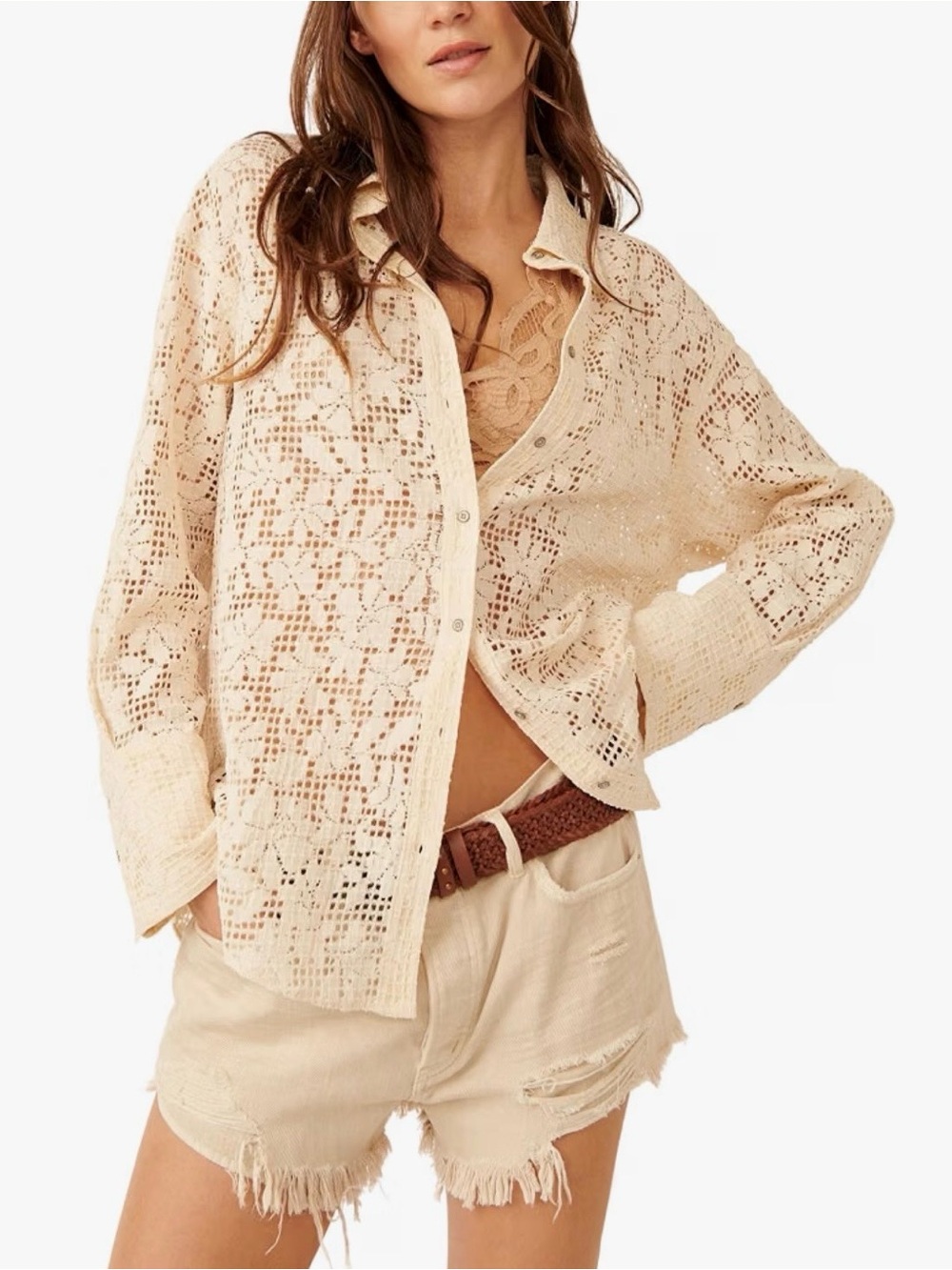 Free People Cream Crochet Button-Down Shirt